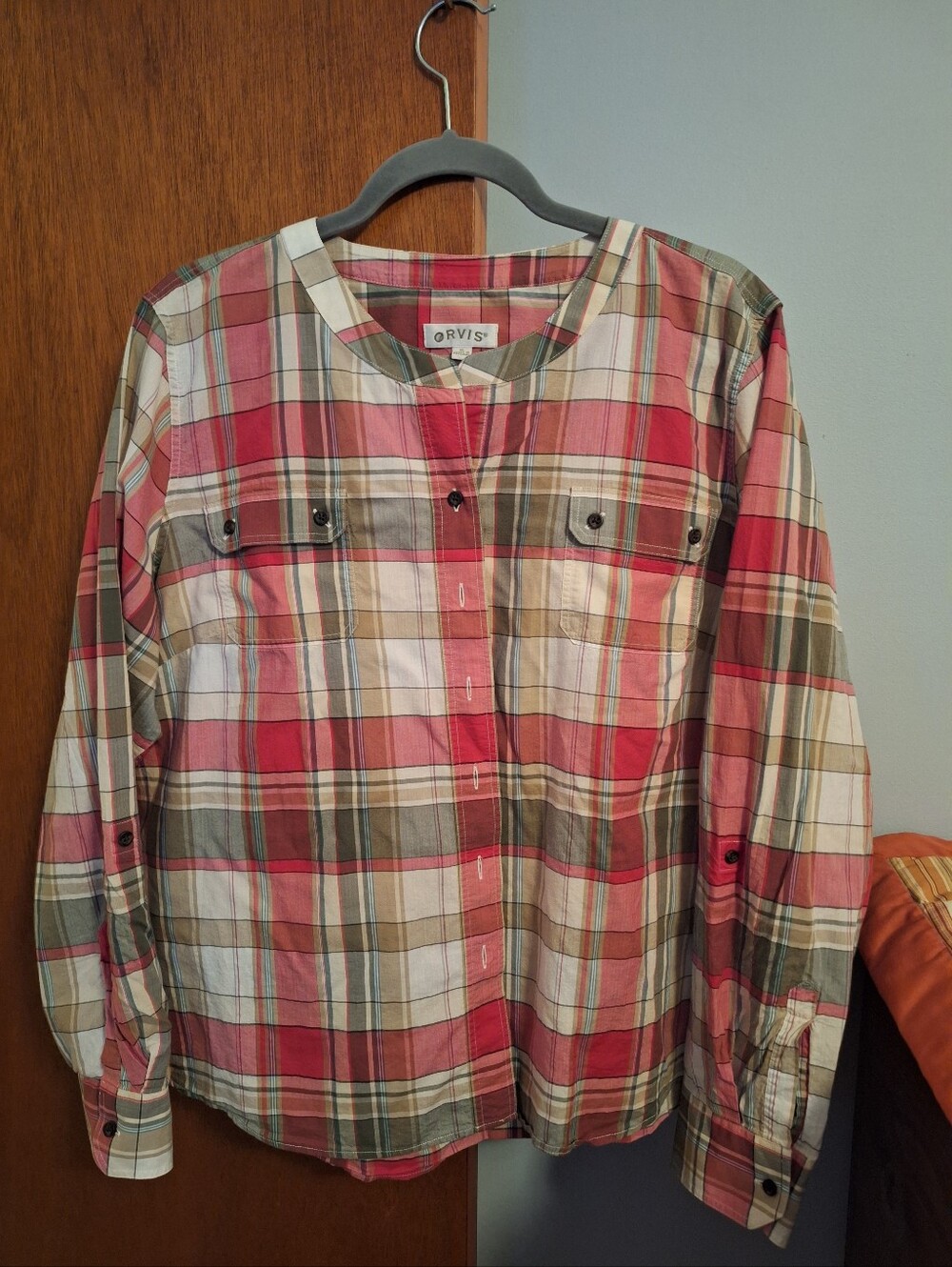 Orvis Red Plaid Button-Up Shirt Double Breast Pockets Collarless Women's Size XL